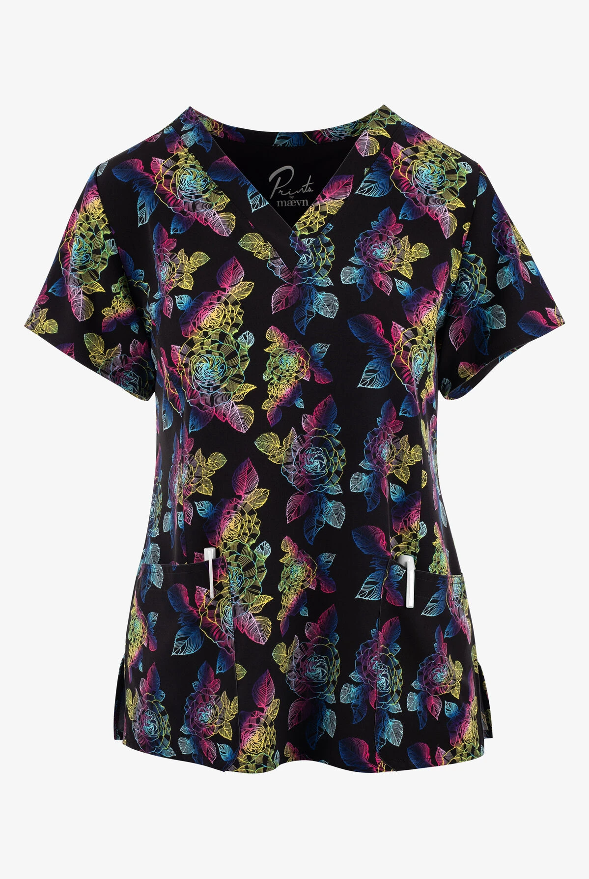 Maevn Electric Bouquet Floral Women's 3-Pocket STRETCH V-Neck Print Scrub Top 1 Maevn Electric Bouquet Floral Women's 3-Pocket STRETCH V-Neck Print Scrub Top
