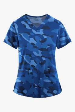 Easy Stretch By Butter-Soft Cloud Camo Navy Women's 2-Pocket Mitered V-Neck Printed Scrub Top