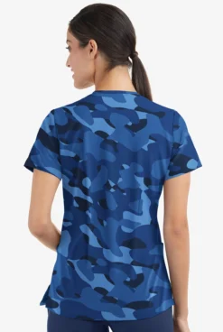 Easy Stretch By Butter-Soft Cloud Camo Navy Women's 2-Pocket Mitered V-Neck Printed Scrub Top -Uniform Store PBU434CCNV 3