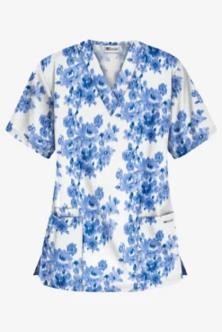 UA Best Buy Brocade Floral White Printed Women's 3-Pocket V-Neck Scrub Top