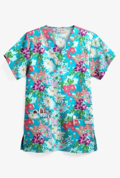 UA Garden Paradise Turquoise Women's 3-Pocket V-Neck Print Scrub Top
