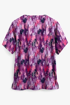 Butter-Soft Festive Ikat Eggplant Women's 2-Pocket V-Neck Print Scrub Top -Uniform Store PC62FIE 2