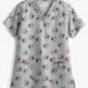 Tasha & Me Sugar Skulls Women's 2-Pocket V-Neck Print Scrub Top