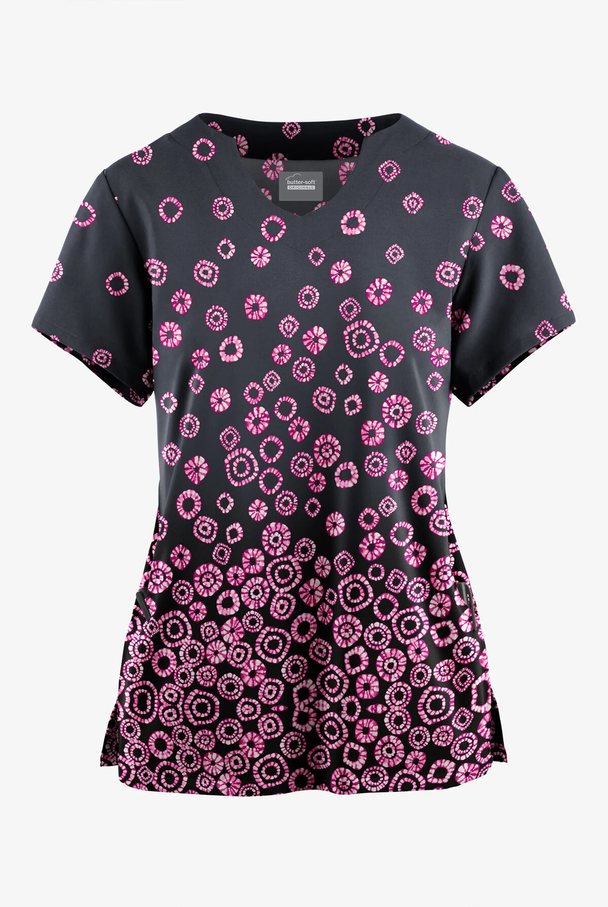 Butter-Soft Originals Jakarta Border Pewter Women's 2-Pocket Scallop Neck Printed Scrub Top 1 Butter-Soft Originals Jakarta Border Pewter Women's 2-Pocket Scallop Neck Printed Scrub Top