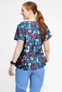 Butter-Soft Xmas Coco Caribbean Blue Women’s 4-Pocket V Notch-Neck Printed Scrub Top -Uniform Store TS1531XMCB 3