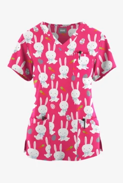 Butter-Soft Originals Easter Egg Hunt Fuchsia Women's 7-Pocket Curved V-Neck Printed Scrub Top