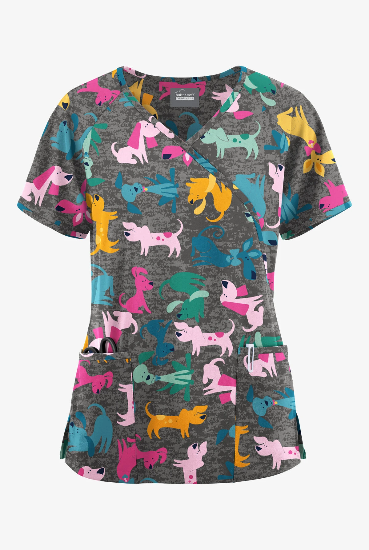Butter-Soft Originals Paw Friends Pewter Women's 3-Pocket Mock Wrap With Ties Printed Scrub Top 1 Butter-Soft Originals Paw Friends Pewter Women's 3-Pocket Mock Wrap With Ties Printed Scrub Top