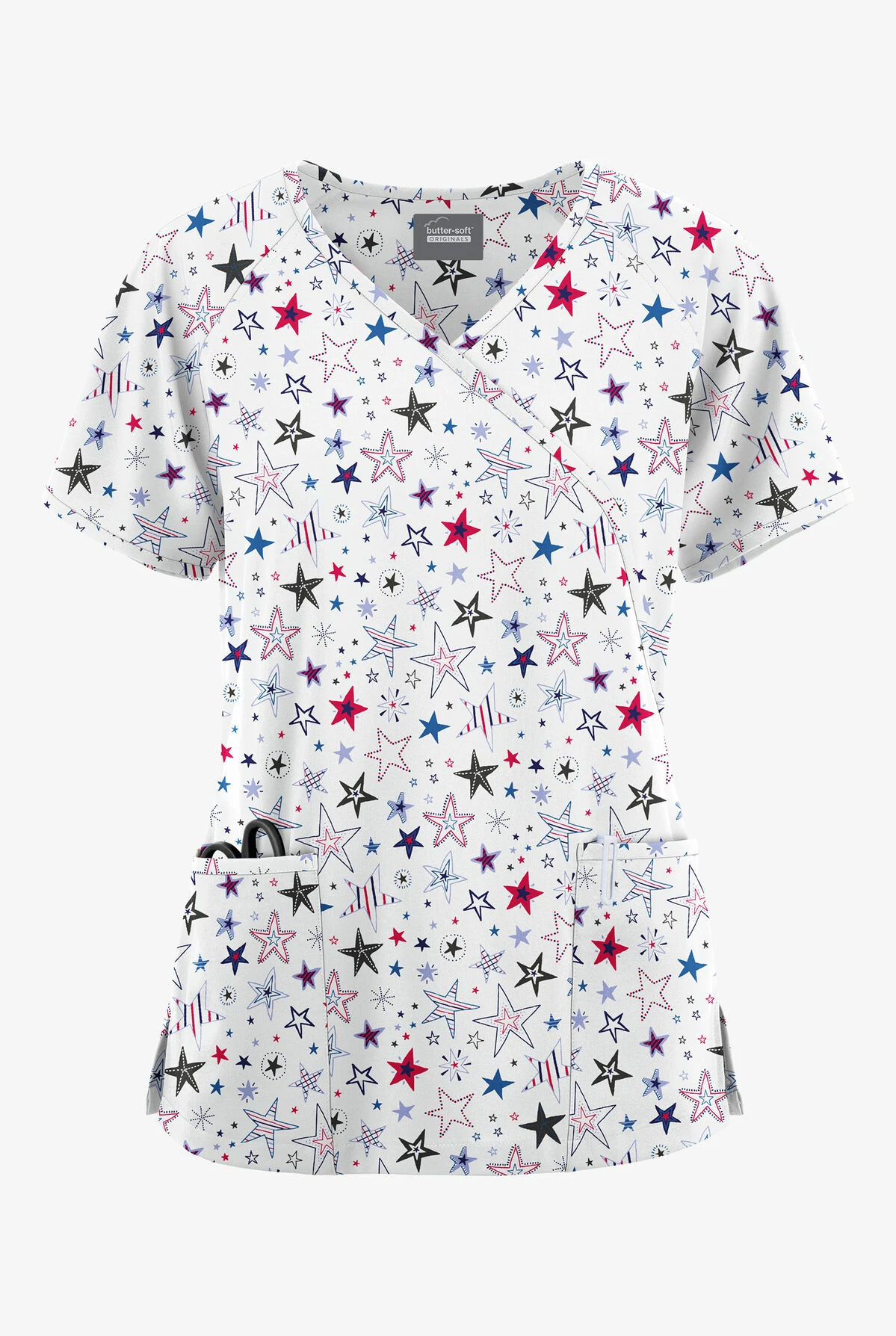 Butter-Soft Originals Summer Starburst Women's 3-Pocket Mock Wrap With Ties Printed Scrub Top 1 Butter-Soft Originals Summer Starburst Women's 3-Pocket Mock Wrap With Ties Printed Scrub Top