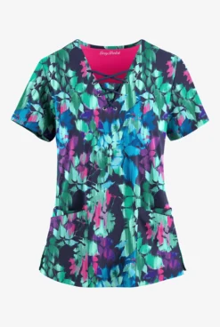 Easy STRETCH By Butter-Soft™ Magical Garden Navy Women's 4-Pocket Lace Up V-Neck Printed Scrub Top