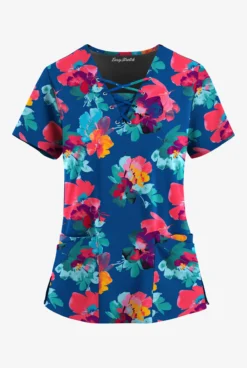 Easy STRETCH By Butter-Soft™ Sweet Blossoms Royal Women's 4-Pocket Lace Up V-Neck Printed Scrub Top