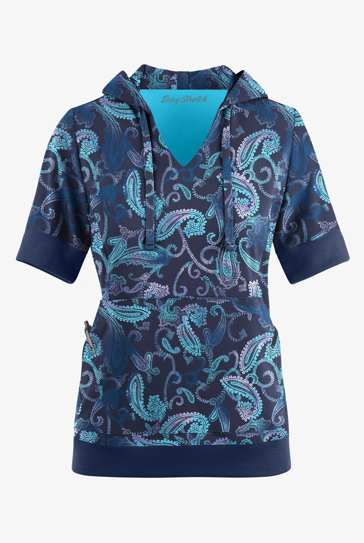 Easy STRETCH By Butter-Soft™ Paisley Tie Dye Women's 3-Pocket Short Sleeve Pull-Over Scrub Hoodie 1 Easy STRETCH By Butter-Soft™ Paisley Tie Dye Women's 3-Pocket Short Sleeve Pull-Over Scrub Hoodie