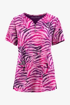 Easy STRETCH By Butter-Soft™ Exotic Zebra Flirt Women's 4-Pocket Zip Curved Neck Printed Scrub Top