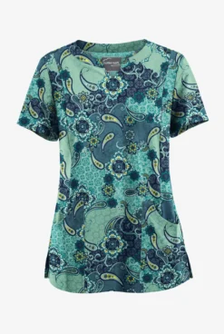 UA Butter-Soft STRETCH Mixed Medallion Navy Women’s 4-Pocket Notch-Neck Print Scrub Top