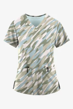 Easy STRETCH By Butter-Soft™ Camo Waves White Printed Women's 2-Pocket Mitered V-Neck Scrub Top
