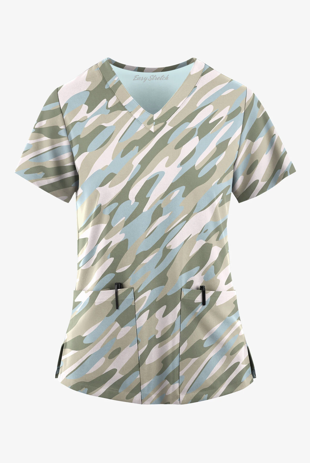 Easy STRETCH By Butter-Soft™ Camo Waves White Printed Women's 2-Pocket Mitered V-Neck Scrub Top 1 Easy STRETCH By Butter-Soft™ Camo Waves White Printed Women's 2-Pocket Mitered V-Neck Scrub Top