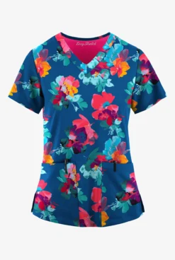 Easy STRETCH By Butter-Soft™ Sweet Blossoms Royal Women's 2-Pocket Mitered V-Neck Printed Scrub Top