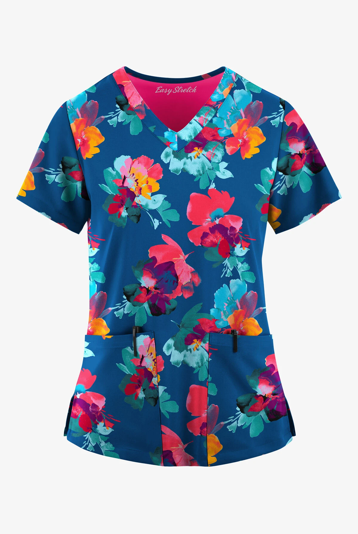 Easy STRETCH By Butter-Soft™ Sweet Blossoms Royal Women's 2-Pocket Mitered V-Neck Printed Scrub Top 1 Easy STRETCH By Butter-Soft™ Sweet Blossoms Royal Women's 2-Pocket Mitered V-Neck Printed Scrub Top