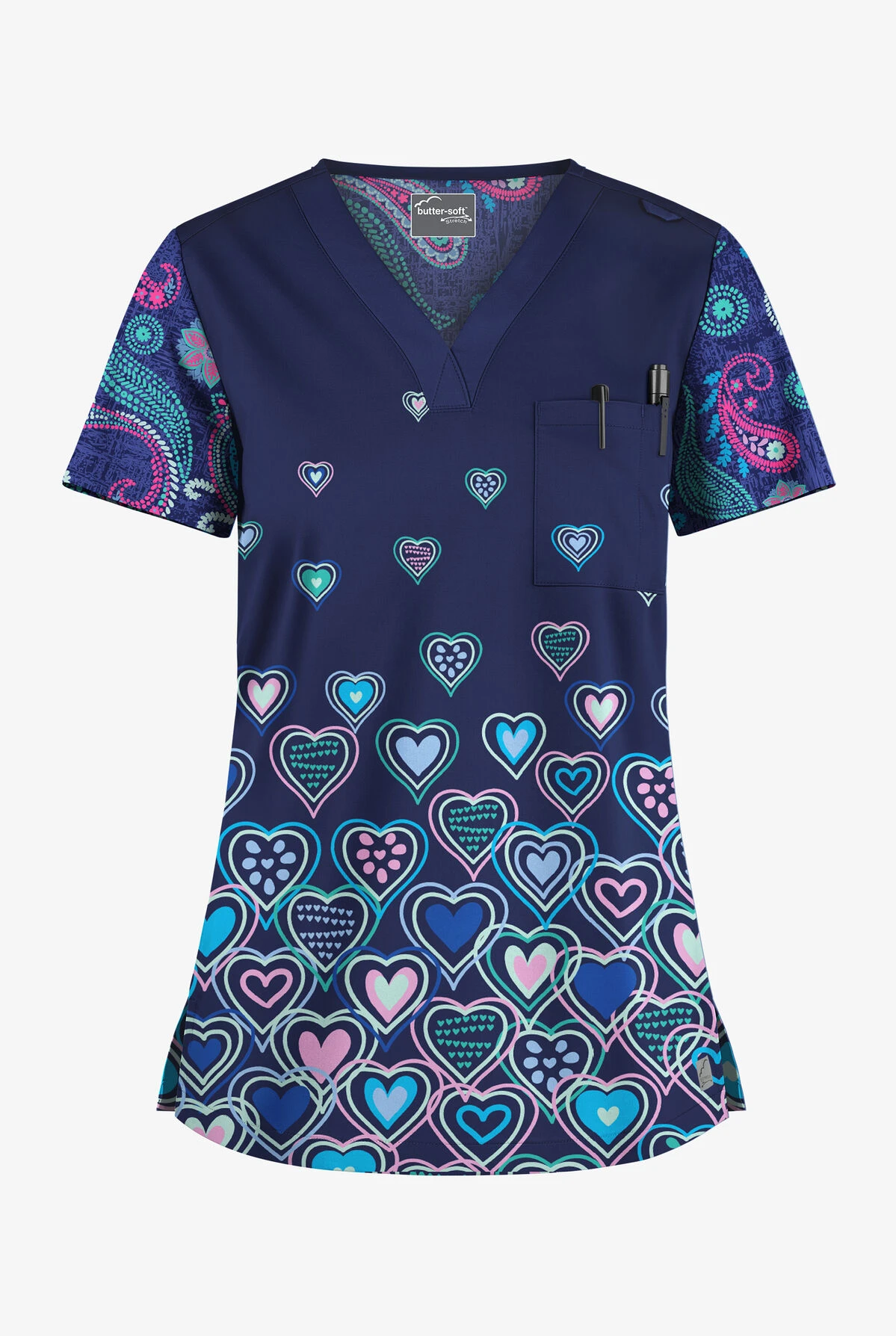 Butter-Soft STRETCH Hearts & Paisley Women's 1-Pocket V-Neck Tuck-In Mixed Print Scrub Top 1 Butter-Soft STRETCH Hearts & Paisley Women's 1-Pocket V-Neck Tuck-In Mixed Print Scrub Top
