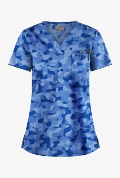 UA Butter-Soft STRETCH Camo Puzzle Royal Women's 1-Pocket V-Neck Print Scrub Top