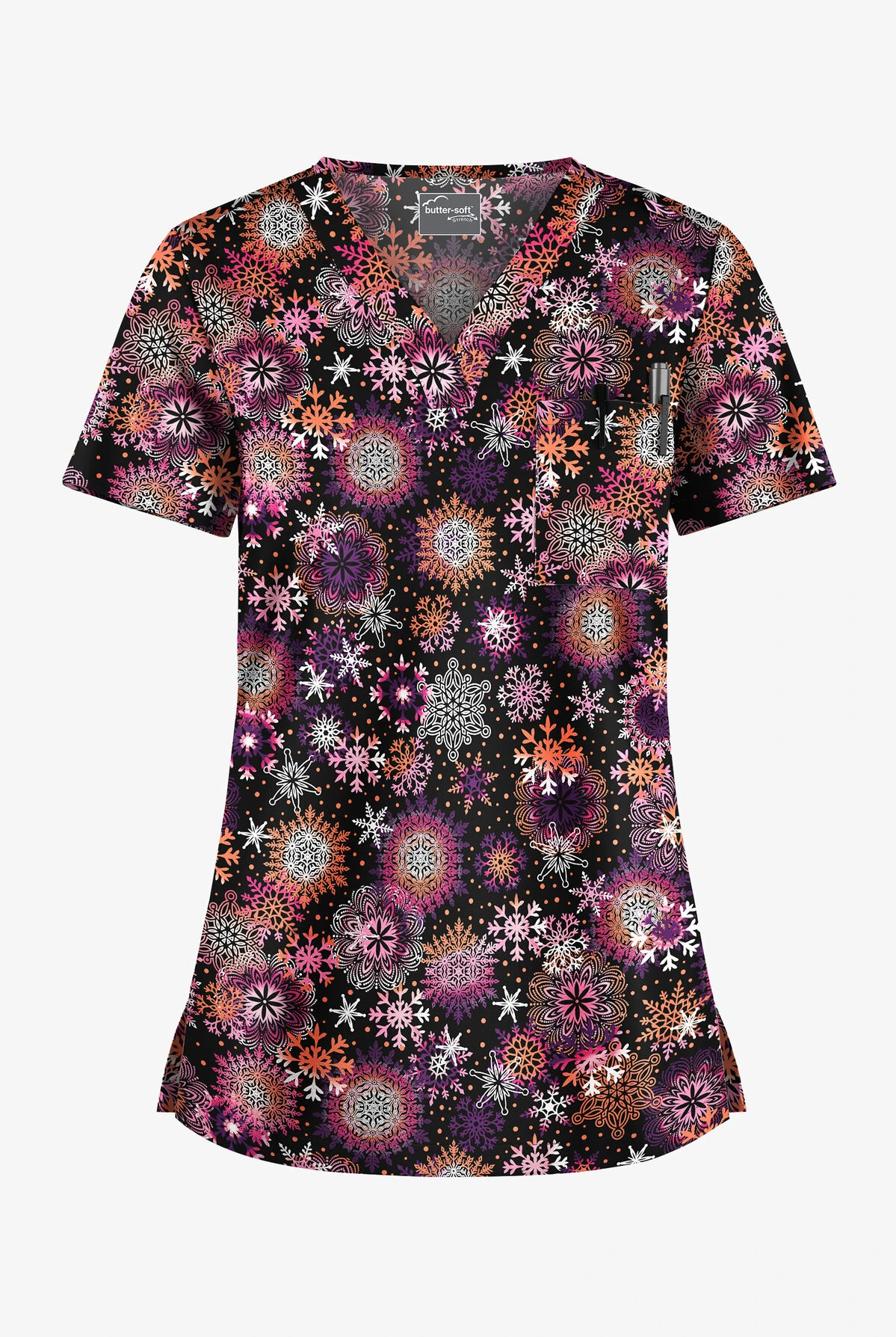 Butter-Soft Dazzling Snowflakes Women's 1-Pocket V-Neck Tuck-In Print Scrub Top 1 Butter-Soft Dazzling Snowflakes Women's 1-Pocket V-Neck Tuck-In Print Scrub Top