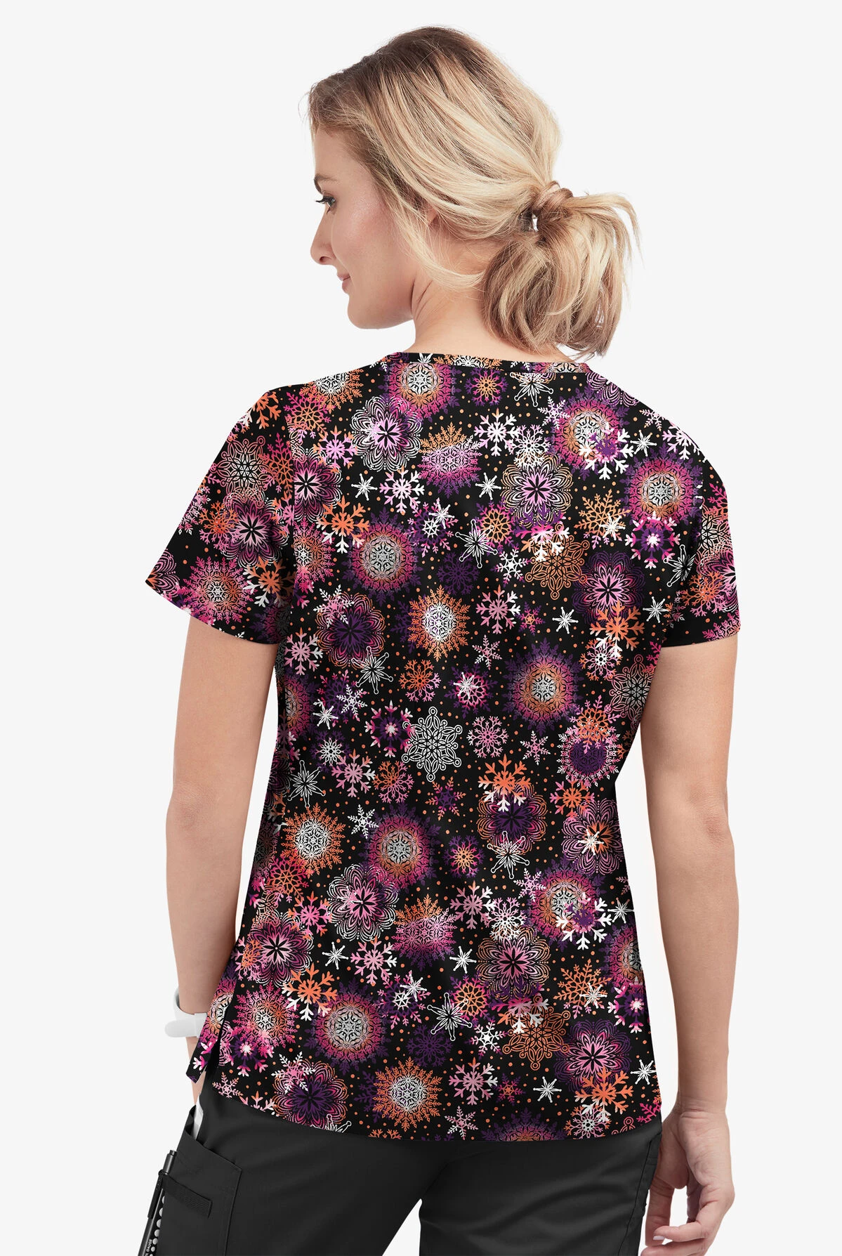 Butter-Soft Dazzling Snowflakes Women's 1-Pocket V-Neck Tuck-In Print Scrub Top 3 Butter-Soft Dazzling Snowflakes Women's 1-Pocket V-Neck Tuck-In Print Scrub Top - Image 3