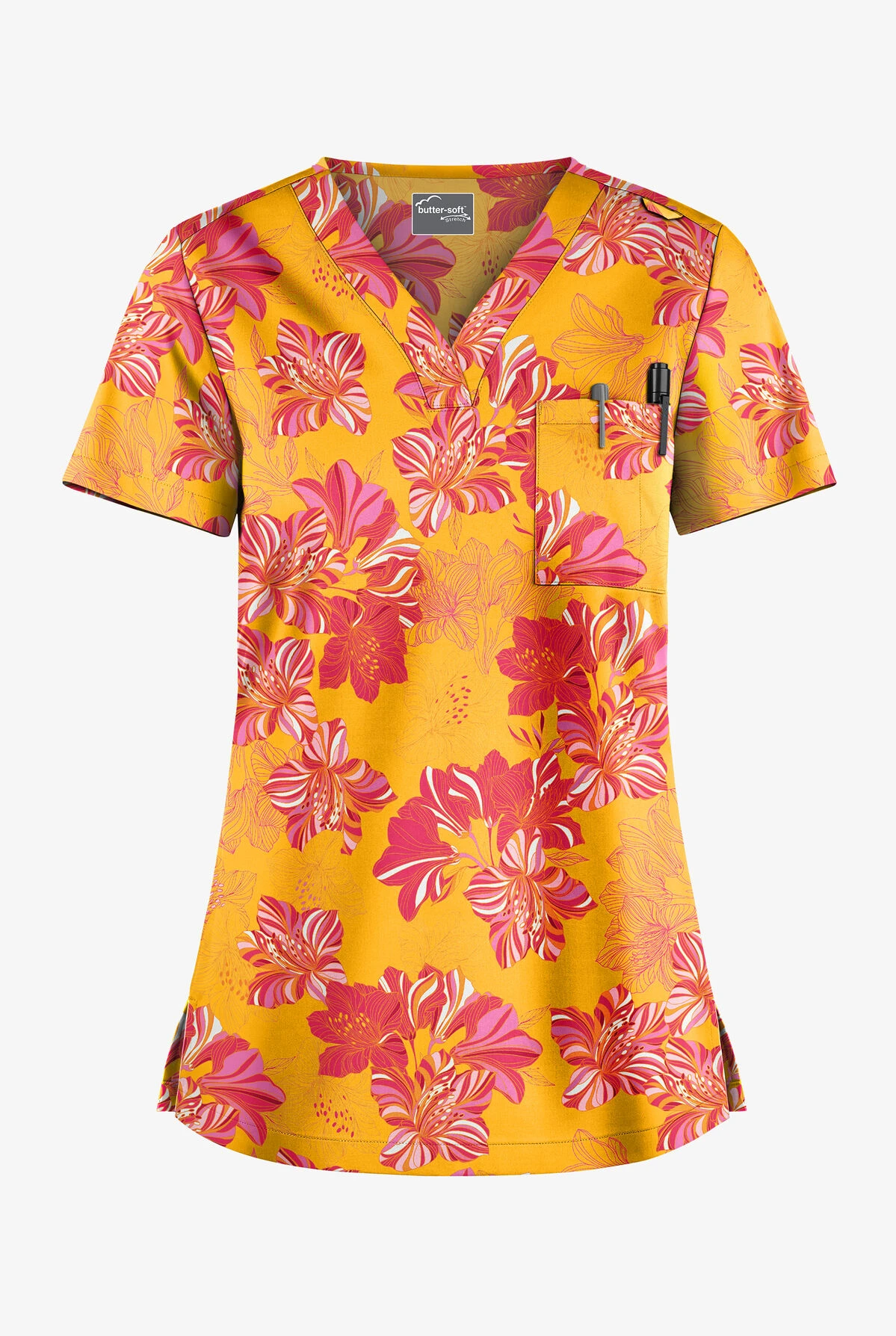 UA Butter-Soft STRETCH Garden Lilies Pineapple Women's 1-Pocket V-Neck Print Scrub Top 1 UA Butter-Soft STRETCH Garden Lilies Pineapple Women's 1-Pocket V-Neck Print Scrub Top