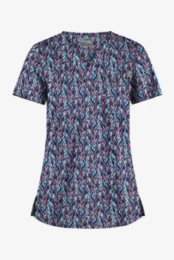 UA Butter-Soft STRETCH Geometric Path Black Printed Women's 1-Pocket V-Neck Tuck-In Scrub Top