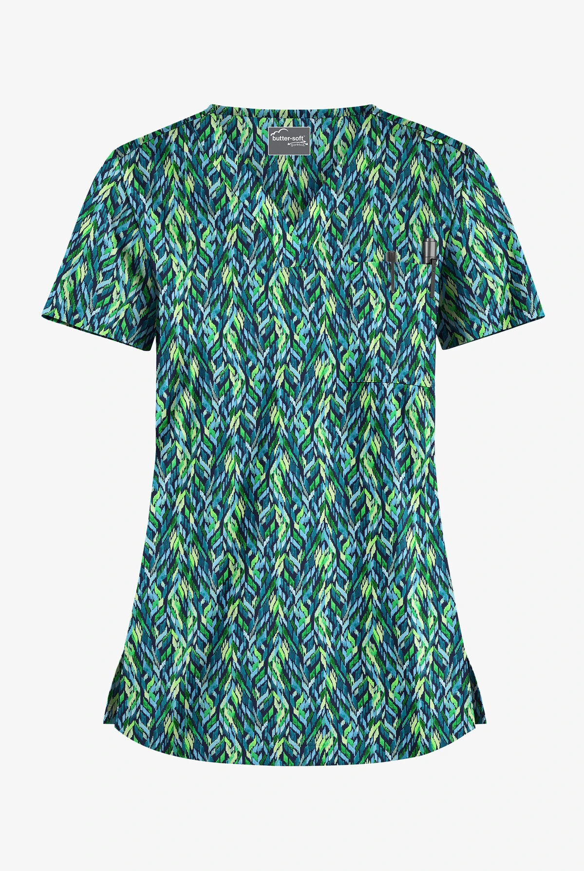 UA Butter-Soft STRETCH Geometric Path Navy Women's 1-Pocket V-Neck Tuck-In Printed Scrub Top 1 UA Butter-Soft STRETCH Geometric Path Navy Women's 1-Pocket V-Neck Tuck-In Printed Scrub Top