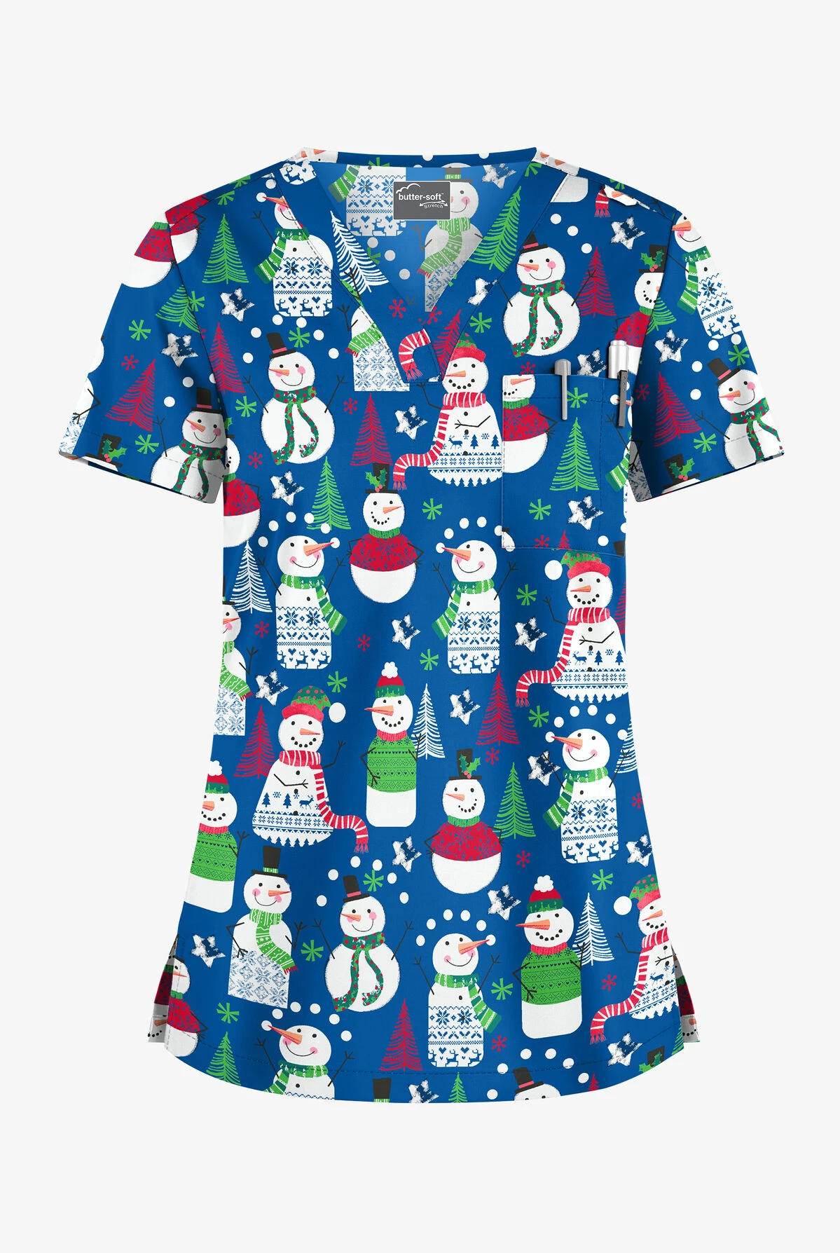 Butter-Soft Juggling Snowman Royal Women's 1-Pocket V-Neck Tuck-In Print Scrub Top 1 Butter-Soft Juggling Snowman Royal Women's 1-Pocket V-Neck Tuck-In Print Scrub Top