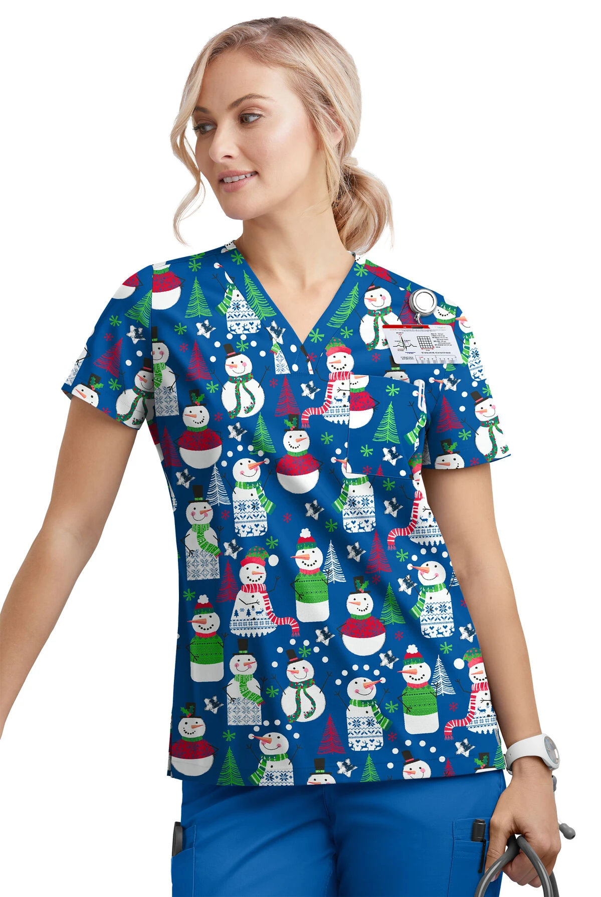 Butter-Soft Juggling Snowman Royal Women's 1-Pocket V-Neck Tuck-In Print Scrub Top 2 Butter-Soft Juggling Snowman Royal Women's 1-Pocket V-Neck Tuck-In Print Scrub Top - Image 2