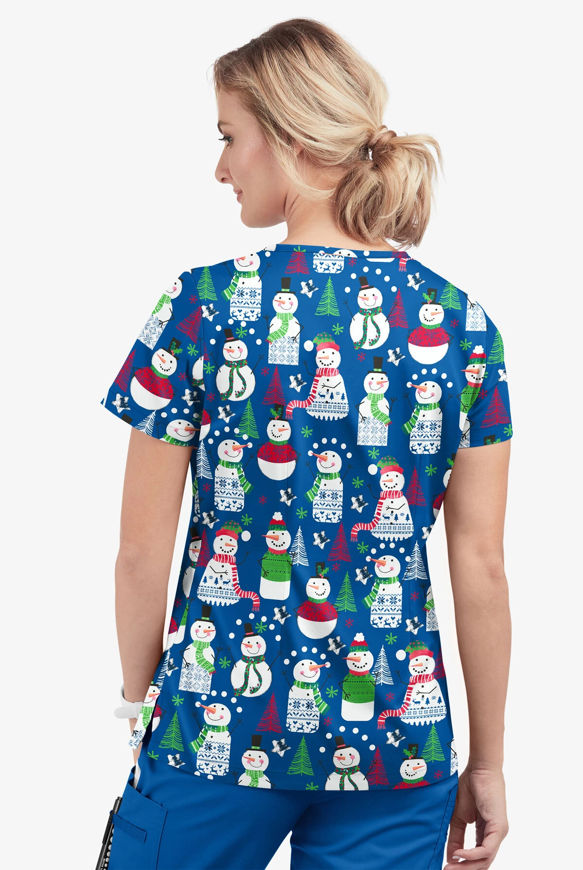 Butter-Soft Juggling Snowman Royal Women's 1-Pocket V-Neck Tuck-In Print Scrub Top 3 Butter-Soft Juggling Snowman Royal Women's 1-Pocket V-Neck Tuck-In Print Scrub Top - Image 3