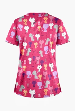 Butter-Soft Paris Cats Fuchsia Women's 1-Pocket V-Neck Tuck-In Print Scrub Top -Uniform Store TS452PCFC 2