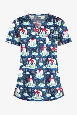 Butter-Soft Polar Holiday Navy Women's 1-Pocket V-Neck Tuck-In Print Scrub Top