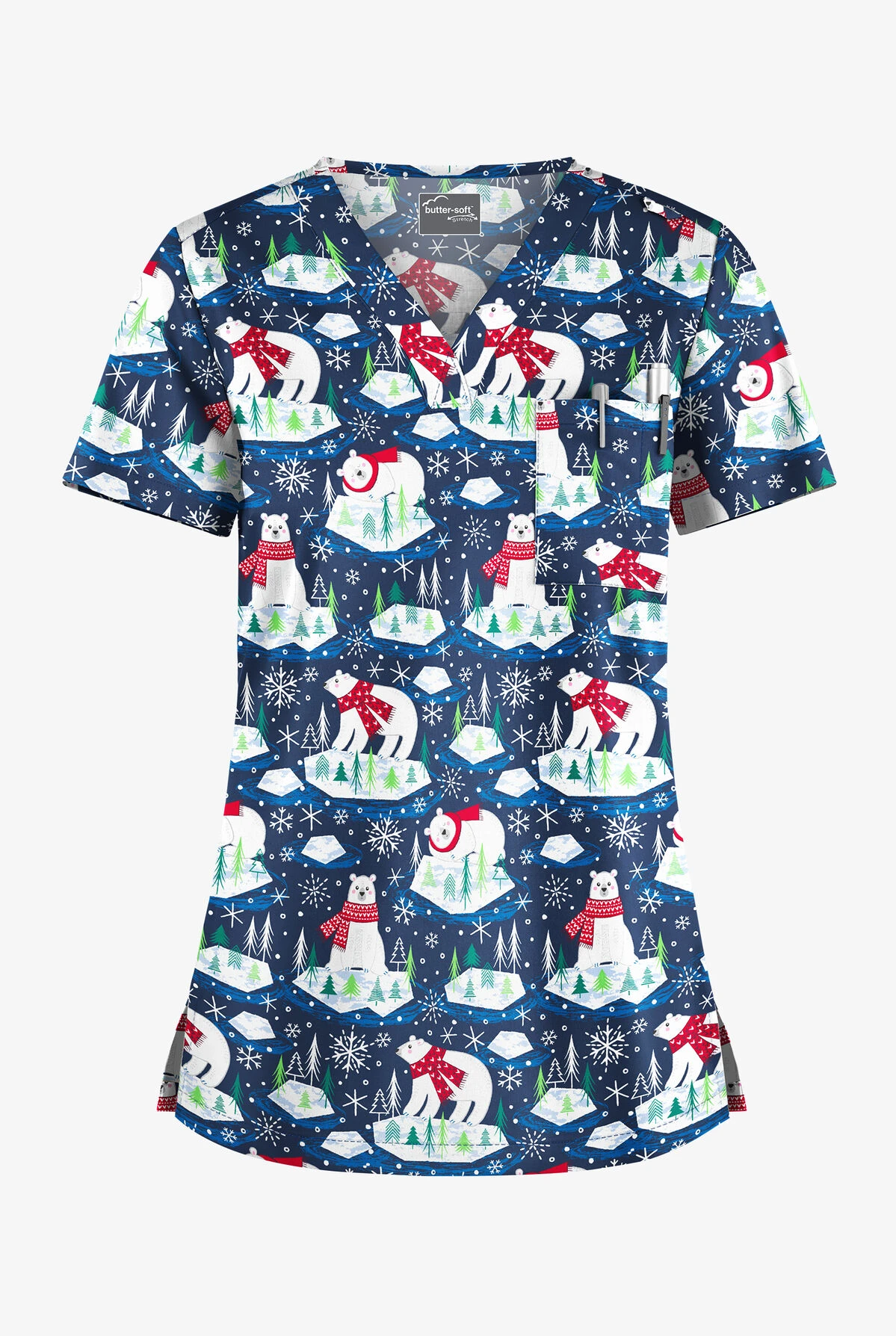 Butter-Soft Polar Holiday Navy Women's 1-Pocket V-Neck Tuck-In Print Scrub Top 1 Butter-Soft Polar Holiday Navy Women's 1-Pocket V-Neck Tuck-In Print Scrub Top