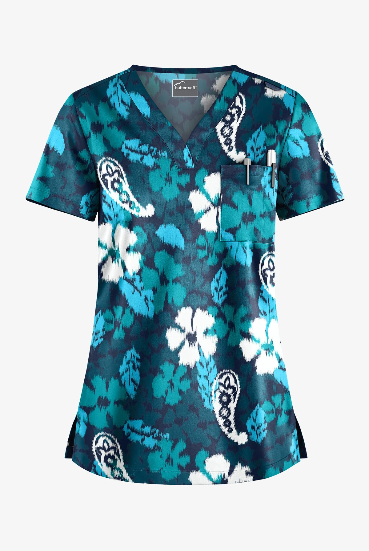 Butter-Soft Persian Ikat Navy Women's 1-Pocket V-Neck Tuck-In Print Scrub Top 1 Butter-Soft Persian Ikat Navy Women's 1-Pocket V-Neck Tuck-In Print Scrub Top