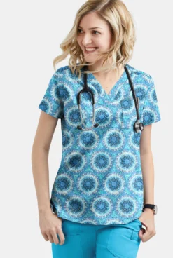 UA Butter-Soft STRETCH Splash Of Geo Aqua Moon Women's 1-Pocket V-Neck Print Scrub Top -Uniform Store TS452SGQ 3 S