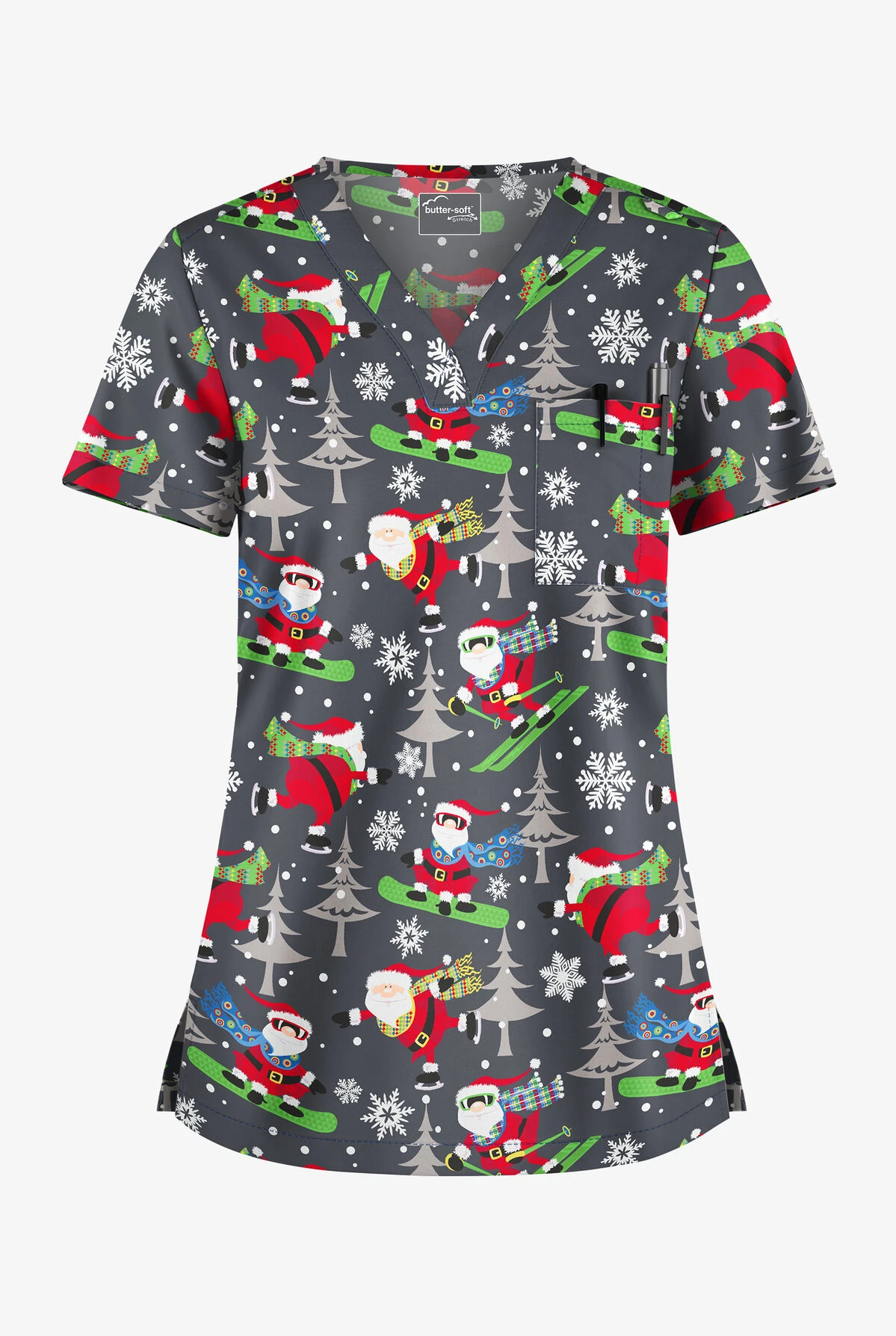 Butter-Soft Santa On Vacation Pewter Women's 1-Pocket V-Neck Tuck-In Print Scrub Top 1 Butter-Soft Santa On Vacation Pewter Women's 1-Pocket V-Neck Tuck-In Print Scrub Top