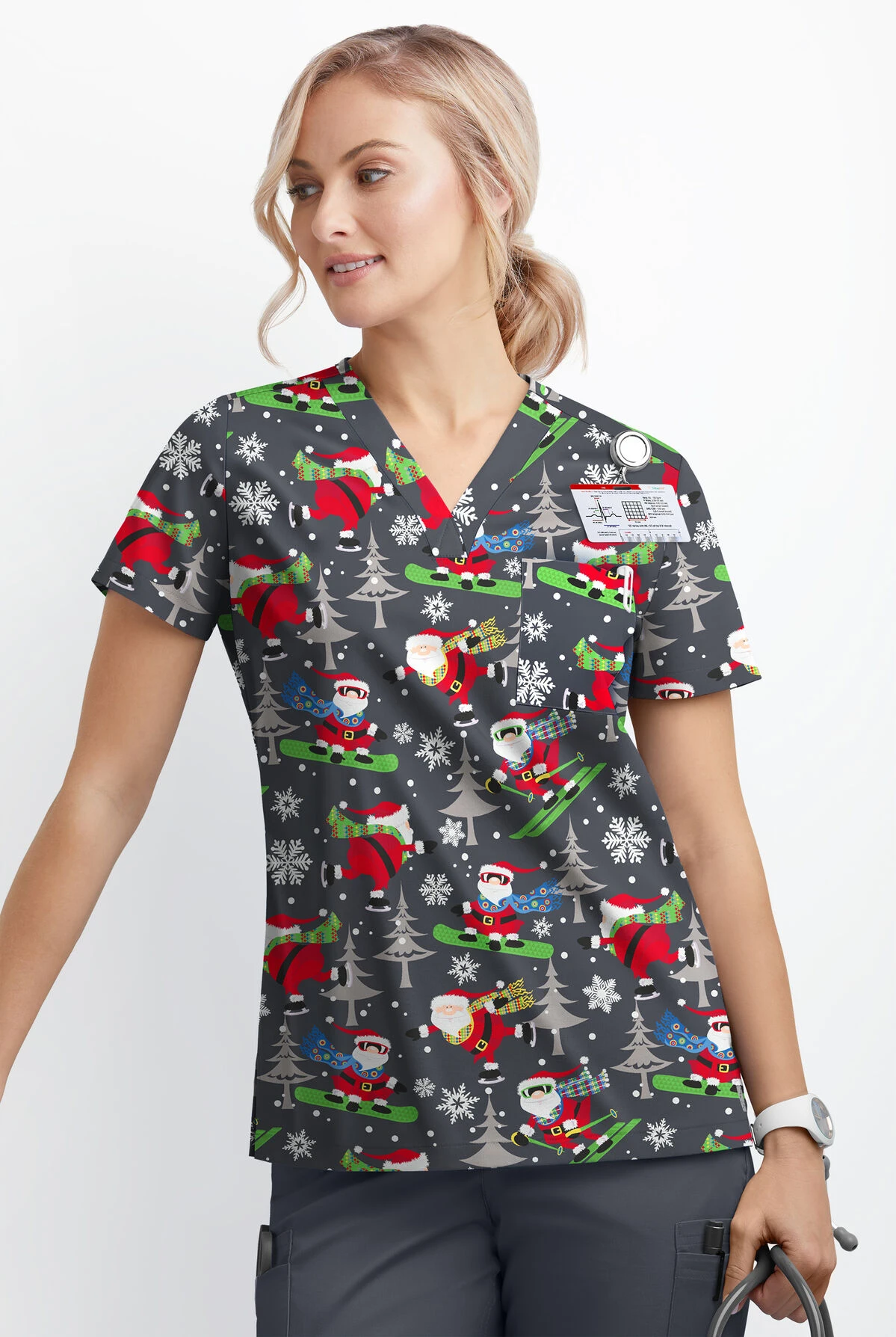 Butter-Soft Santa On Vacation Pewter Women's 1-Pocket V-Neck Tuck-In Print Scrub Top 2 Butter-Soft Santa On Vacation Pewter Women's 1-Pocket V-Neck Tuck-In Print Scrub Top - Image 2
