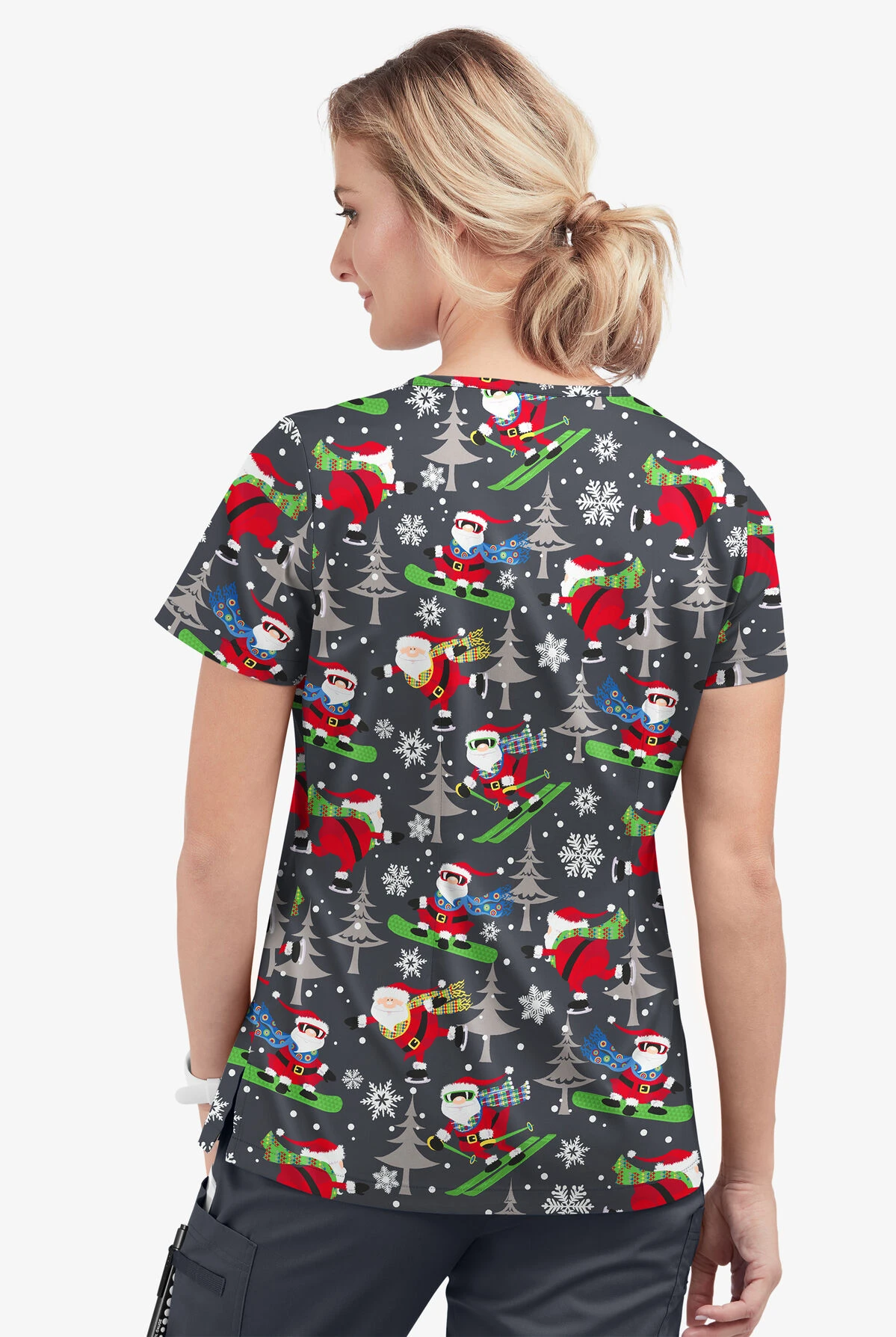 Butter-Soft Santa On Vacation Pewter Women's 1-Pocket V-Neck Tuck-In Print Scrub Top 3 Butter-Soft Santa On Vacation Pewter Women's 1-Pocket V-Neck Tuck-In Print Scrub Top - Image 3
