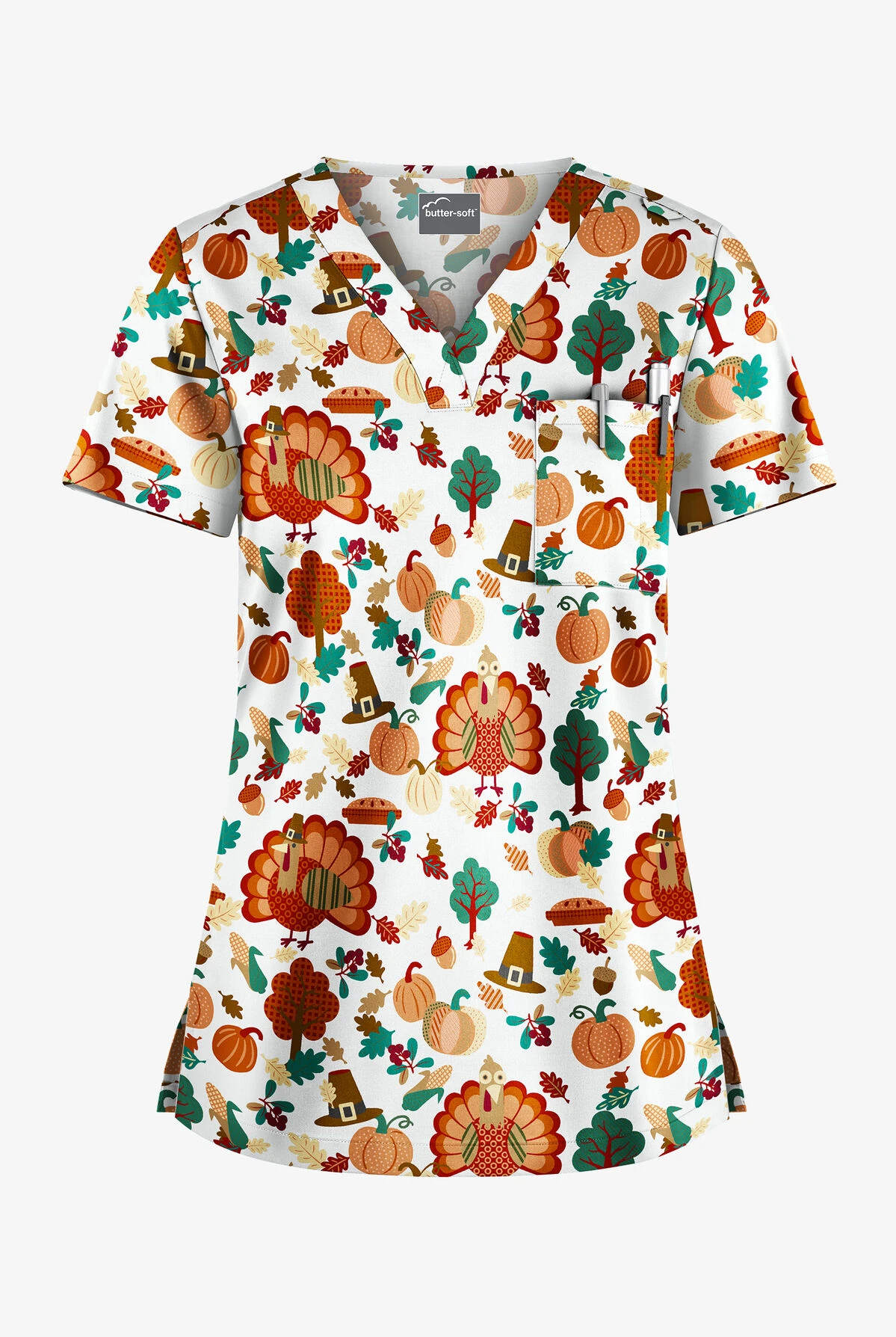 Butter-Soft Thanksgiving Time Women's 1-Pocket V-Neck Tuck-In Print Scrub Top 1 Butter-Soft Thanksgiving Time Women's 1-Pocket V-Neck Tuck-In Print Scrub Top
