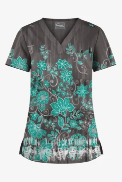 UA Butter-Soft STRETCH Wildflower Border Pewter Women's 1-Pocket V-Neck Tuck-In Printed Scrub Top