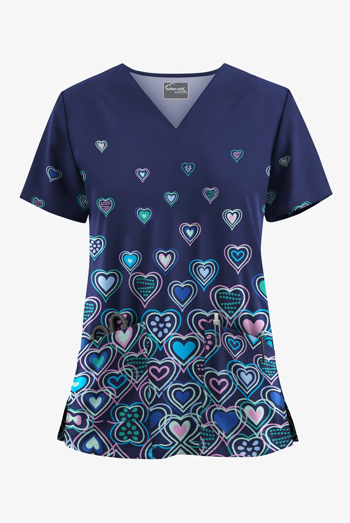 UA Butter-Soft STRETCH Bright Hearts Navy Women's 2-Pocket V-Neck Printed Scrub Top 1 UA Butter-Soft STRETCH Bright Hearts Navy Women's 2-Pocket V-Neck Printed Scrub Top