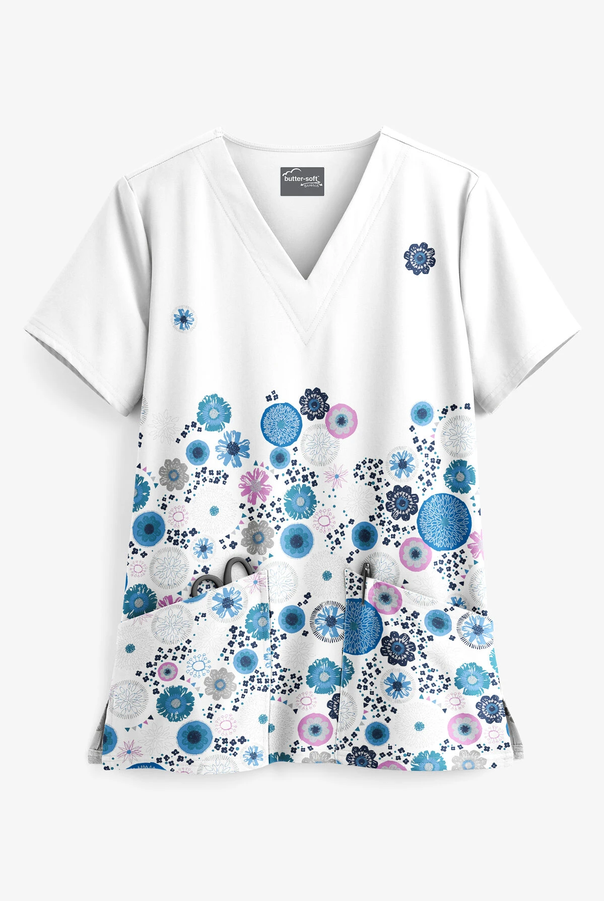 UA Butter-Soft STRETCH Dancing Floral White Printed Women's 2-Pocket V-Neck Scrub Top 1 UA Butter-Soft STRETCH Dancing Floral White Printed Women's 2-Pocket V-Neck Scrub Top