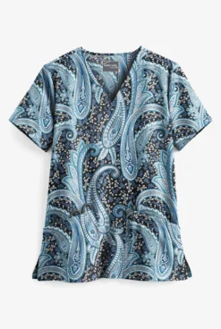 UA Butter-Soft STRETCH Floral Paisley Black Printed Women's 2-Pocket V-Neck Scrub Top