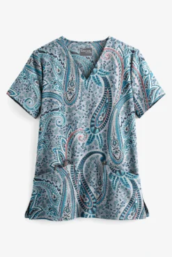 UA Butter-Soft STRETCH Floral Paisley Silver Women's 2-Pocket V-Neck Print Scrub Top