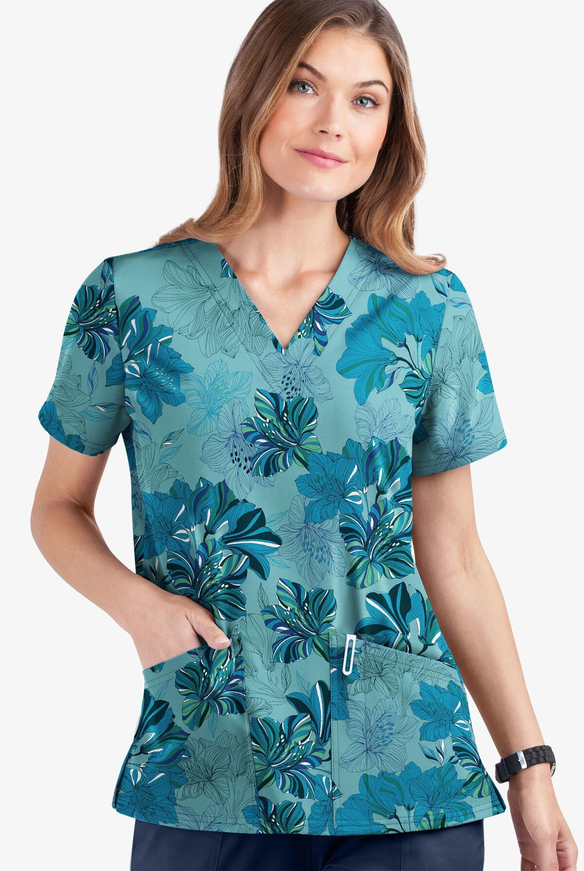 UA Butter-Soft STRETCH Garden Lilies Aqua Moon Women's 2-Pocket V-Neck Print Scrub Top 1 UA Butter-Soft STRETCH Garden Lilies Aqua Moon Women's 2-Pocket V-Neck Print Scrub Top