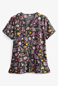 UA Butter-Soft STRETCH Lemur Love Black Printed Women's 2-Pocket V-Neck Scrub Top
