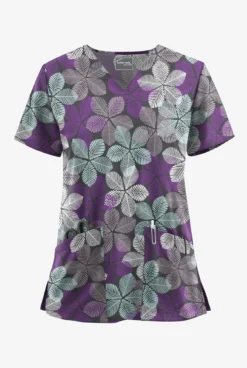 UA Butter-Soft STRETCH Subtle Leaves Pewter Women's 2-Pocket V-Neck Printed Scrub Top