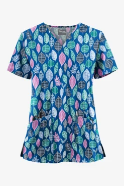 UA Butter-Soft STRETCH Swedish Leaves Royal Women's 2-Pocket V-Neck Print Scrub Top