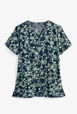 UA Butter-Soft STRETCH Floral Vines Navy Women's 2-Pocket V-Neck Print Scrub Top